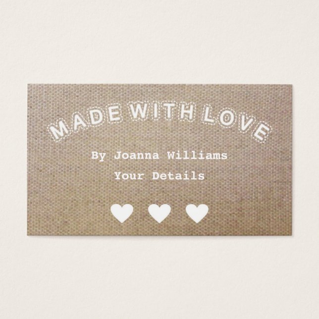 Cartes De Visite Fabriqué avec amour Burlap Hessian Craft Shabby Ta (Devant)