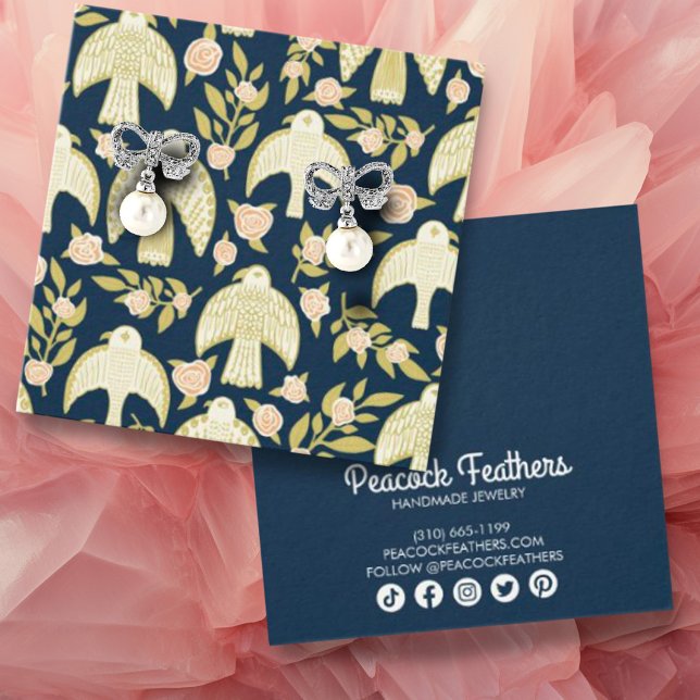 Cartes De Visite Falcons et Roses portant collier bijouterie (Earring or necklace jewelry display cards with a fun falcon and flower pattern. Social media icons )
