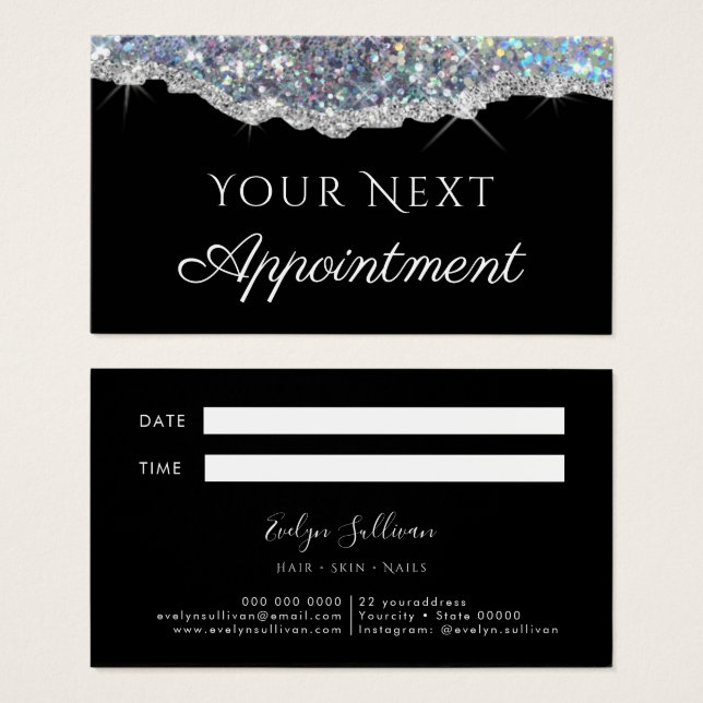 Cartes De Visite Faux silver glitter sequin Appointment Card (Devant & derrière)
