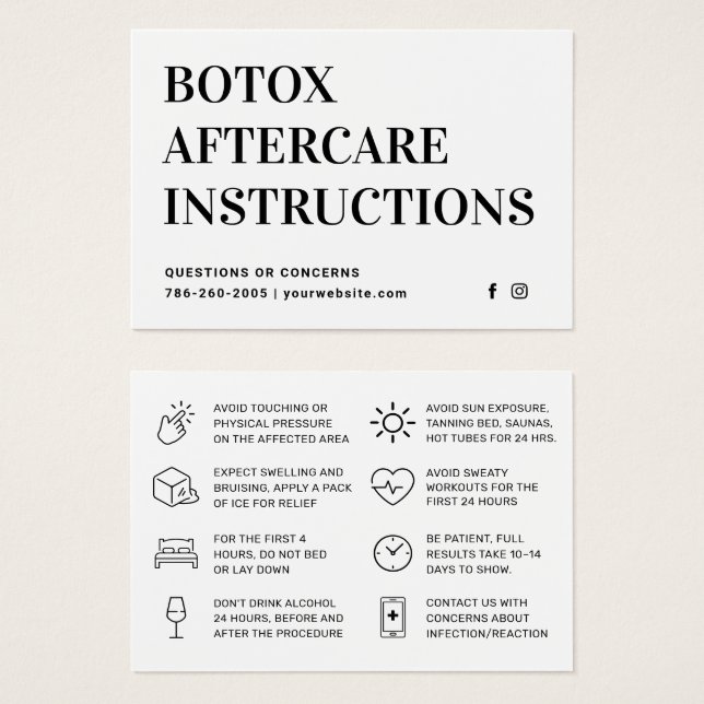 Cartes De Visite Fiche d'instruction d'injection Botox (Devant & derrière)