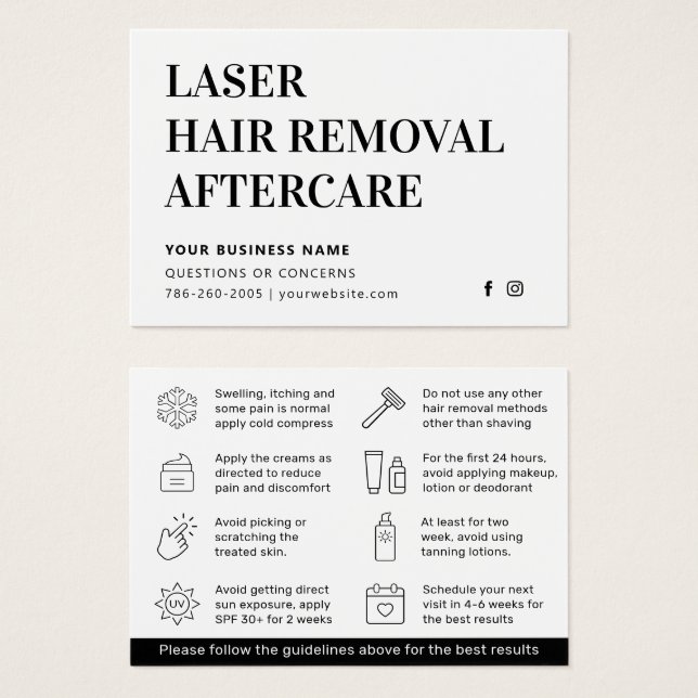 Cartes De Visite Fiche d'instructions pour l'enlèvement des cheveux (Devant & derrière)