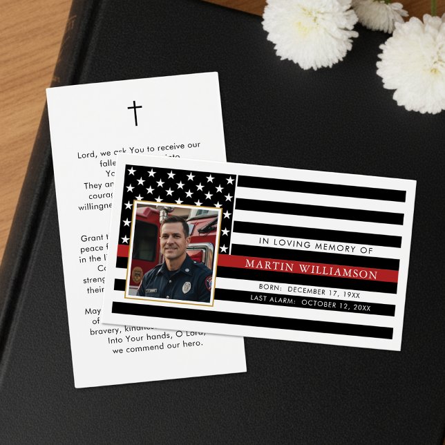Cartes De Visite Firefighter Thin Red Line Flag Photo Prayer Card (Créateur téléchargé)