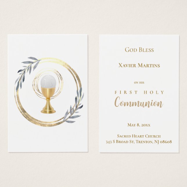 Cartes De Visite First Communion dusty blue leaves remembrance card (Devant & derrière)