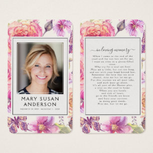 Cartes De Visite Floral Pink Photo Funeral Memorial Poem Card