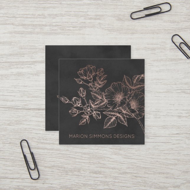 Cartes de visite florales en feuille rose doré (Devant/Arrière en situation)