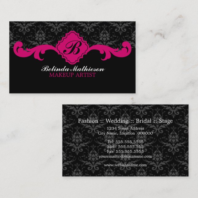 Cartes de visite Fuchsia Monogramme Damas (Devant / Derrière)