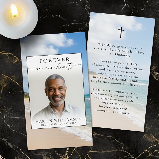 Cartes De Visite Funeral Beach Photo Forever Hearts Prayer Card (Créateur téléchargé)