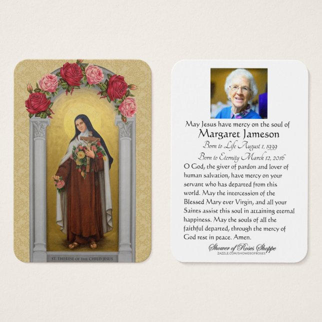 Cartes De Visite Funeral Memorial Holy Card St. Therese Roses (Devant & derrière)