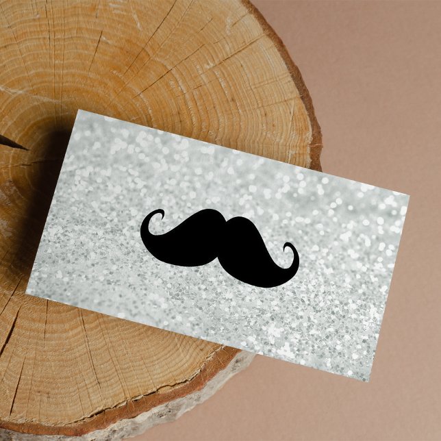 Cartes De Visite Funny Mustache noire et blanc brillant argent (Funny Black Mustache and white sparkle silver)