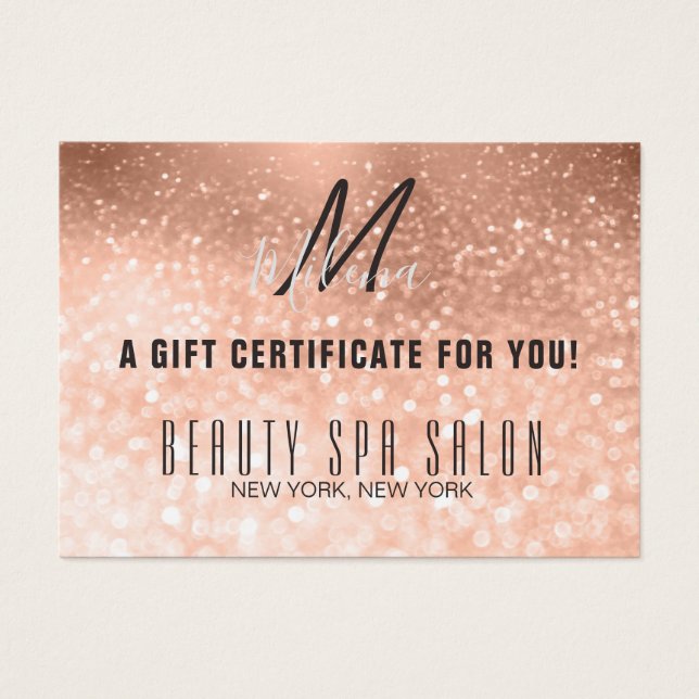 Cartes De Visite Girly Rose Gold Glittery Monogram Gift Certificate (Devant)