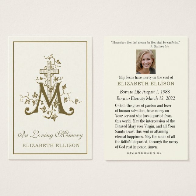 Cartes De Visite Gold Marian Cross Virgin Mary Funeral Prayer Card (Devant & derrière)