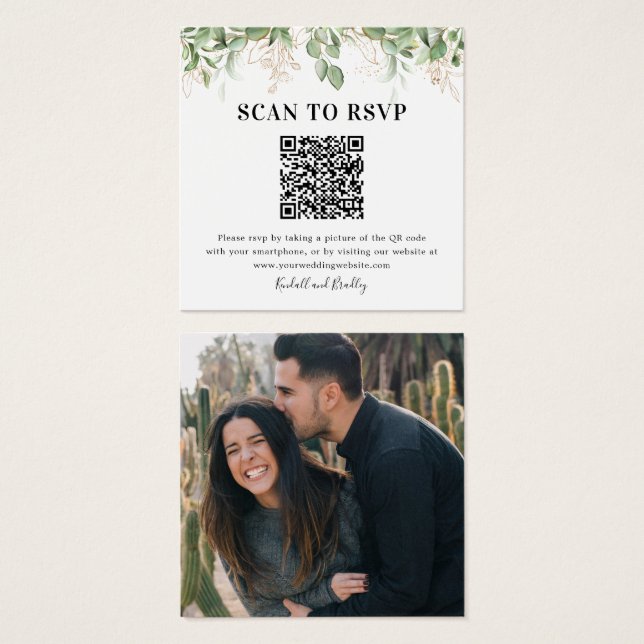 Cartes De Visite Green Eucalyptus QR Code photo Mariage RSVP (Devant & derrière)