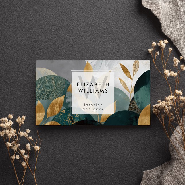 Cartes De Visite Green Gold Abstract Leaves Monogram Business Cards (Créateur téléchargé)