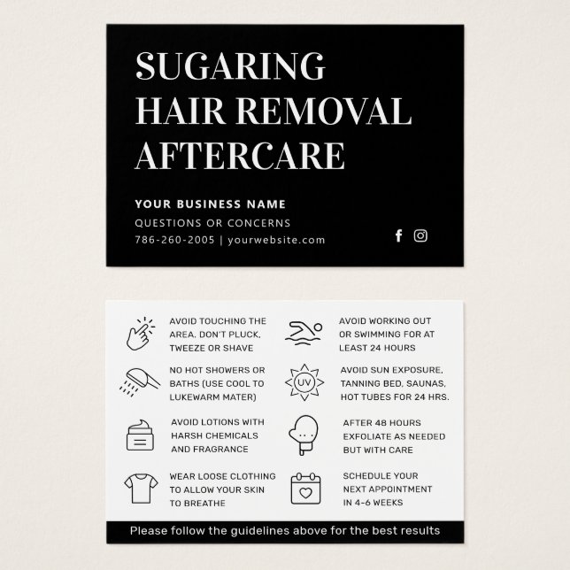 Cartes De Visite Guide de soins après sugaring Luxe Noir Classique (Devant & derrière)