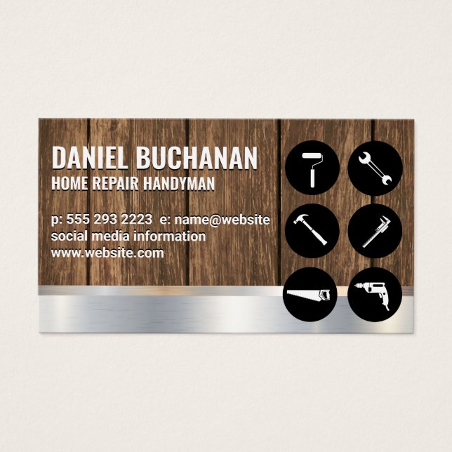 Cartes De Visite Handyman | Bois métallique | Outil matériel de men (Devant)