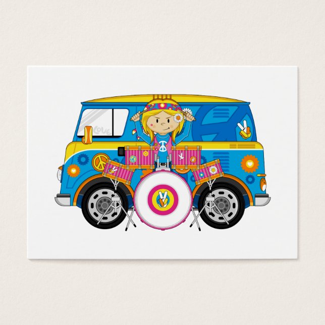 Cartes De Visite Hippie Girl avec batterie et Camper Van (Devant)