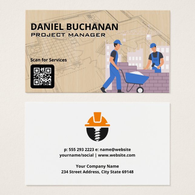 Cartes De Visite Imprimantes bleues | Ouvriers du col bleu | Constr (Devant & derrière)