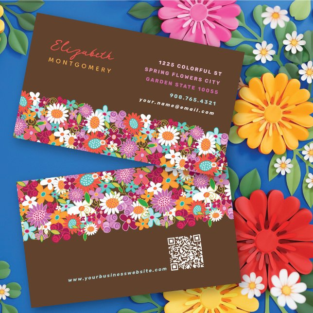 Cartes de visite Jardin de fleurs printanières fan (Bright & Colorful Chic Fun Whimsical Spring Flowers Garden Business / Profile Card @ fat_fa_tin)