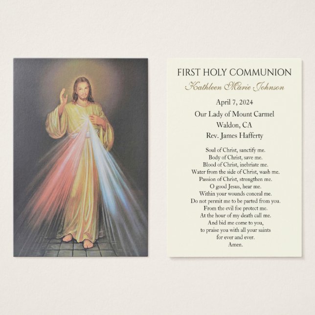 Cartes De Visite Jésus Miséricorde divine Première communion Souven (Devant & derrière)