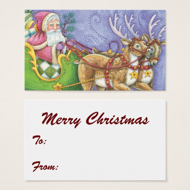 Cartes De Visite Joli Père Noël de Noël en dessin animé Traîneau Re (Devant & derrière)
