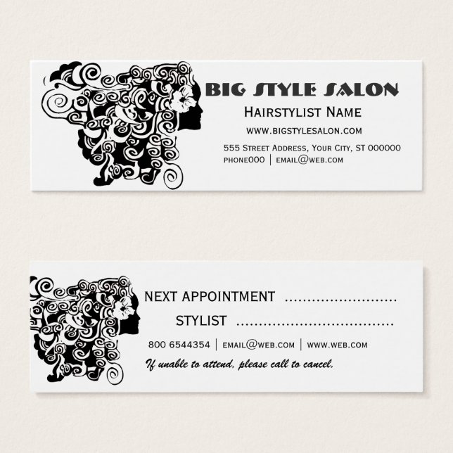 Cartes De Visite Jolie Fille Longue Coiffeuse Salon Rendez-Vous (Devant & derrière)