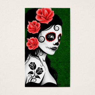 Cartes De Visite Jour de la fille morte de crâne de sucre - vert