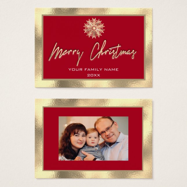 Cartes De Visite Joyeux cadre d'or Noël Rouge Famille Photo (Devant & derrière)