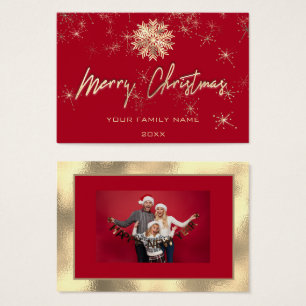Cartes De Visite Joyeux cadre d'or Noël Rouge Photo Snowflakes