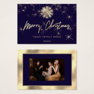Cartes De Visite Joyeux Noël Gold Blue Navy Photo Snowflakes