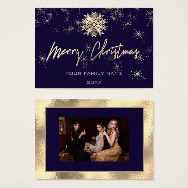 Cartes De Visite Joyeux Noël Gold Blue Navy Photo Snowflakes (Devant & derrière)