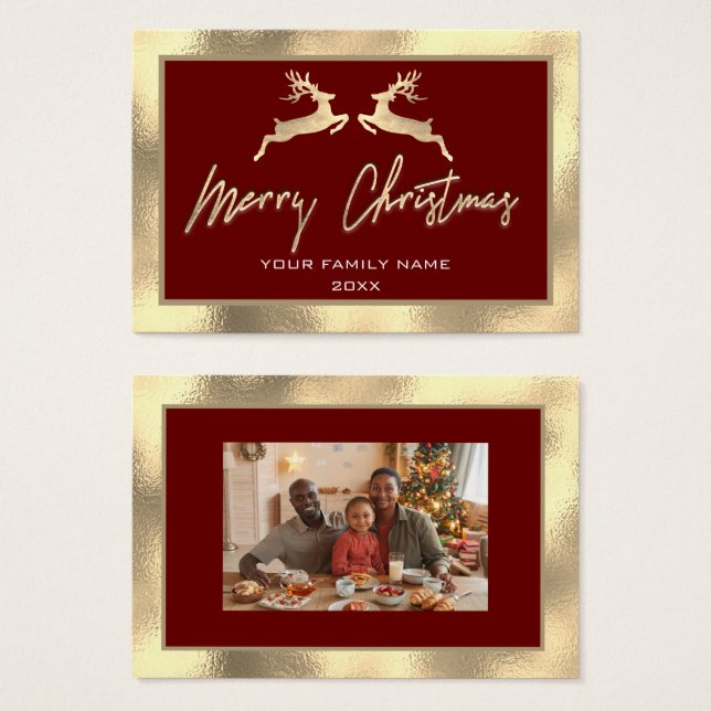 Cartes De Visite Joyeux Noël Gold Family Photo Burgundy Deer (Devant & derrière)
