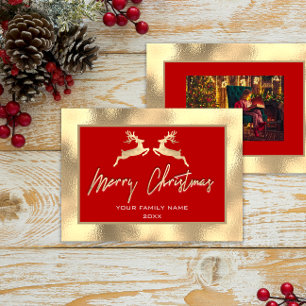 Cartes De Visite Joyeux Noël Gold Family Photo Reindeer Rouge