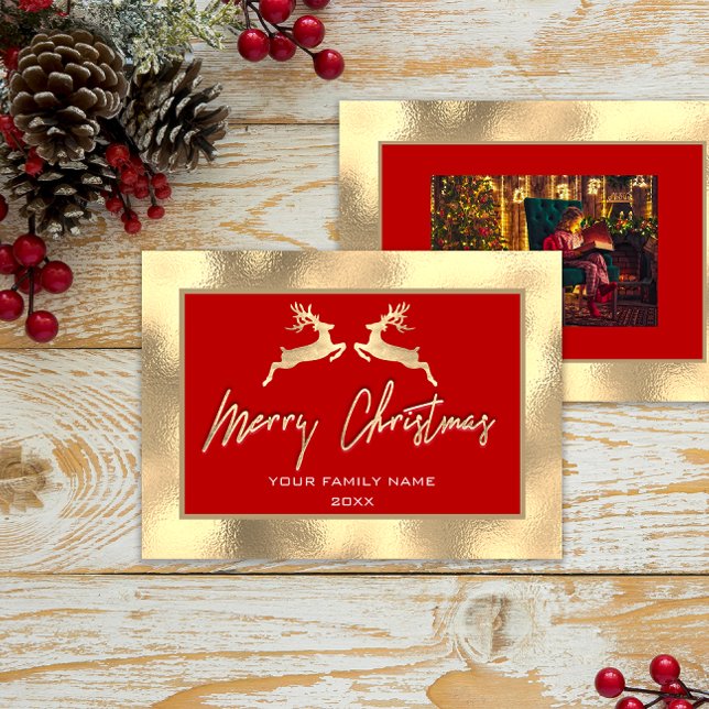 Cartes De Visite Joyeux Noël Gold Family Photo Reindeer Rouge (Merry Christmas Gold Family Photo Reindeer Red)