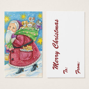 Cartes De Visite Joyeux Noël, le Père Noël avec des chatons et des 
