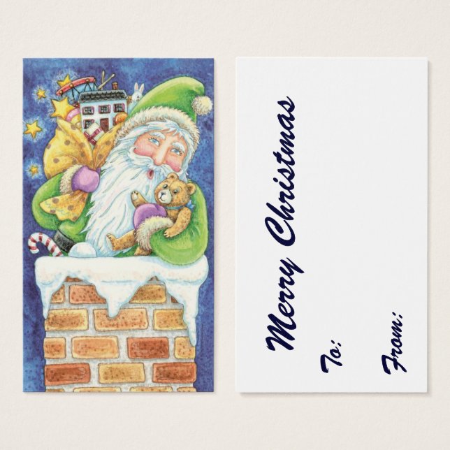 Cartes De Visite Joyeux Noël, Père Noël dans la cheminée avec des j (Devant & derrière)