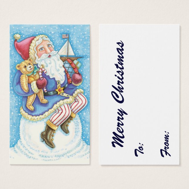 Cartes De Visite Joyeux Noël, Père Noël sur un boule de neige avec  (Devant & derrière)