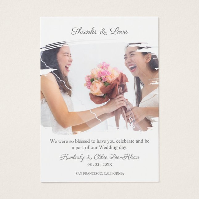 Cartes De Visite Lesbian Wedding Couple to Thank Guests on Brush (Devant)