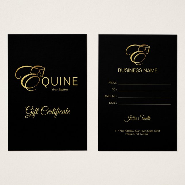 Cartes De Visite Lettre monogramme E Cheval en or (Devant & derrière)