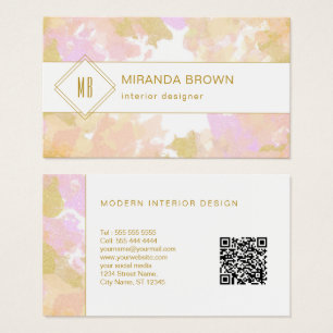 Cartes De Visite Logo Aquarelle moderne Abstrait Code QR rose or