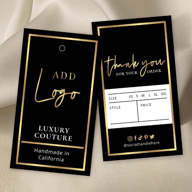 Cartes De Visite Logo Black & Gold Vêtements modernes Prix Étiquett (Black and gold clothing price tags labels with space for your logo and garment details)