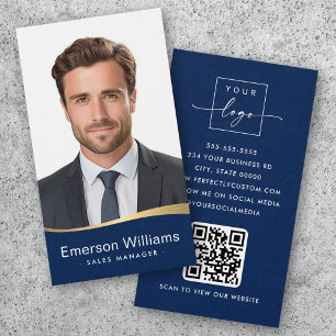 Cartes De Visite Logo bleu fausse onde dorée Logo photo code QR