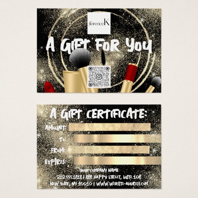 Cartes De Visite Logo de l'artiste de maquillage en or noir QR 100  (Devant & derrière)