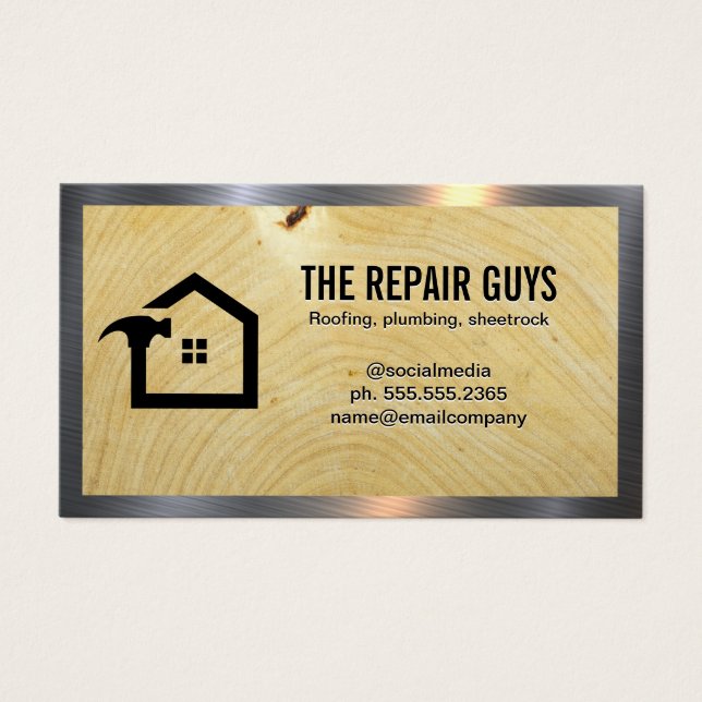 Cartes De Visite Logo du marteau | Grain de bois | Métal (Devant)