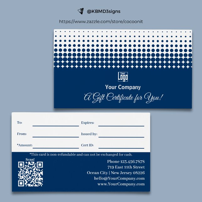 Cartes De Visite Logo QR Code Promo Bleu Blanc Certificat cadeau (Logo QR Code Promo Blue White Gift Certificate, 3.5x2,  Track.ID, Professional)