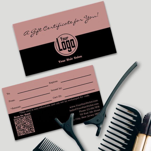Cartes De Visite Logo simple Code QR Certificat cadeau SMB (Simple Logo QR Code SMB Gift Certificate, Dual Color Tuscany Pink & Black)