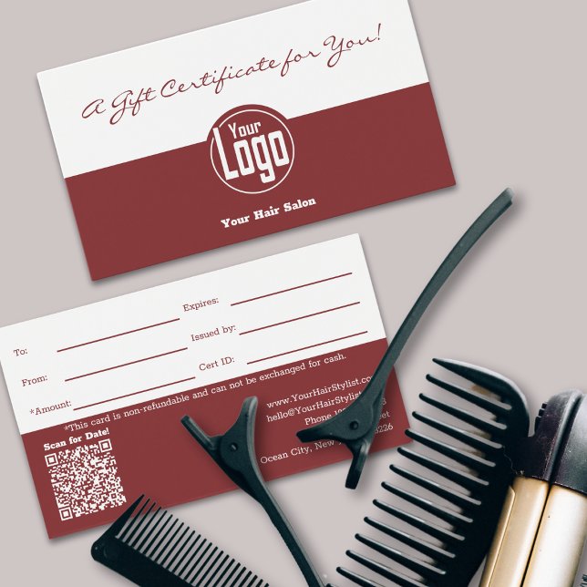 Cartes De Visite Logo simple QR Code Hairstylist Certificat cadeau (Simple Logo QR Code Hairstylist Gift Certificate)