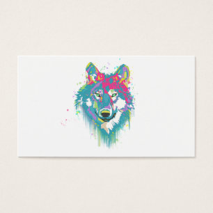 Cartes De Visite Loup au néon bleu rose lumineux d'éclaboussures