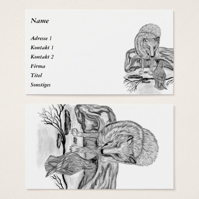 Cartes De Visite Loup et corbeau - Design noir et blanc (Devant & derrière)