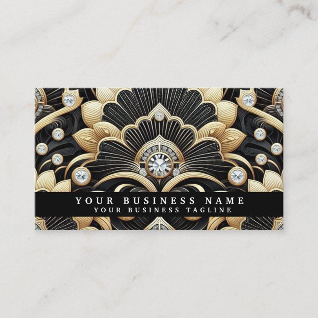 Cartes de visite Luxe Art Déco Noir Or Diamant (Devant)
