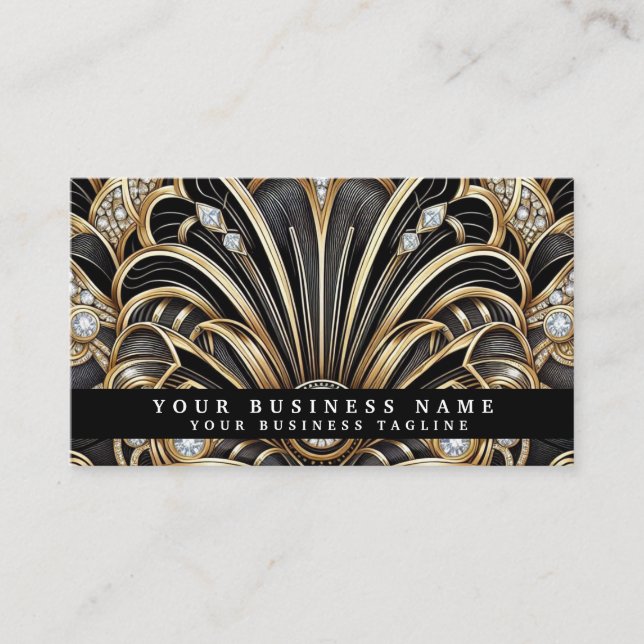 Cartes de visite Luxe Art Déco Noir Or Diamant (Devant)